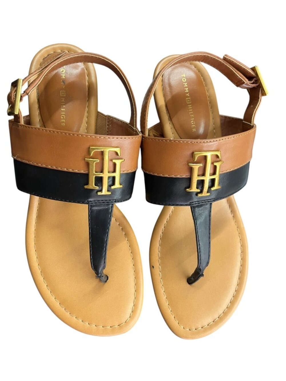 Tommy Hilfiger Women's Leather Sandals With Gold Logo Accent Size 8M